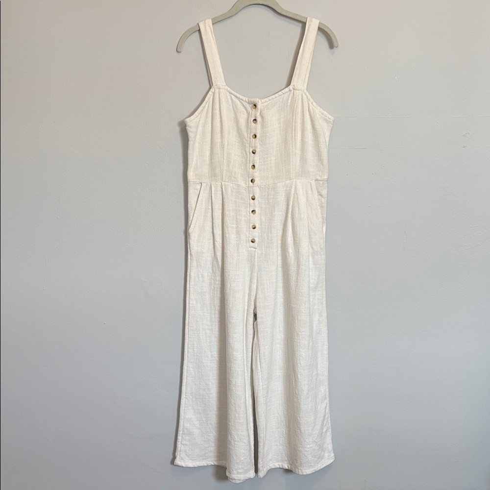 Billabong Women’s White Cotton Button-Down Wide Leg Jumpsuit with Pockets